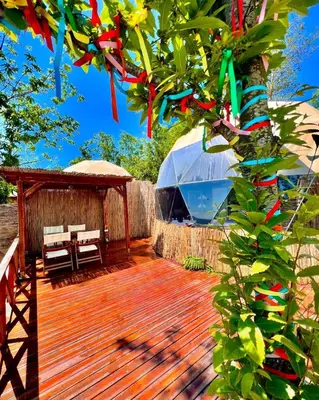 a wooden deck with a tent and a tree at Opia Sapanca Bungalov in Sapanca
