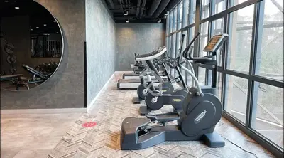 a gym with a row of tread machines at Luxury family-balcony apt in Istanbul