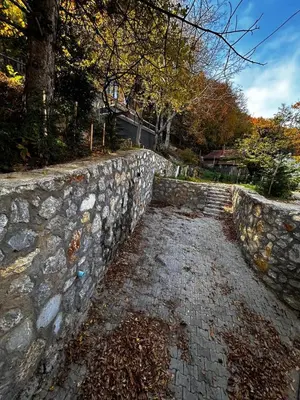 a stone retaining wall next to a stone path at Çalıkuşu Dağ Evi in Bursa