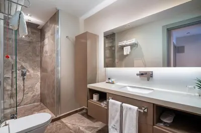 a bathroom with a shower and a toilet and a sink at Sentire Hotels & Residences Taksim in Istanbul