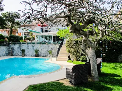 a tree in front of a house with a swimming pool at Villa Büyükada I Private Pier & Seawater Pool in Istanbul