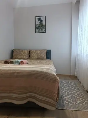 a bedroom with a bed with a blanket and a rug at Üsküdar'da Tam Size Göre S in Istanbul