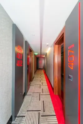a long corridor with a red carpet in a building at Hotel Favori Nisantasi in Istanbul