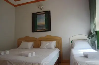 two beds in a room with white sheets and pillows at 3 Floor History Mansion in Istanbul