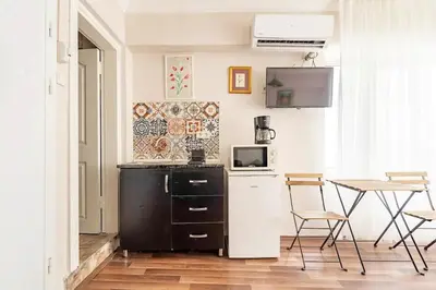 a kitchen with a black and white refrigerator and a table at 1st Floor Historic Flat in Old Istanbul in Istanbul