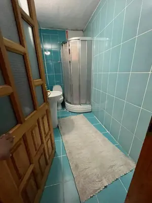 a blue tiled bathroom with a shower and a toilet at bahçeli ve göl manzaralı ev in Sapanca