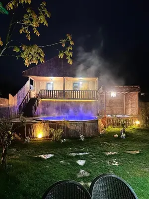 a house with a fountain in the yard at night at Bambu dağ evi in Sapanca
