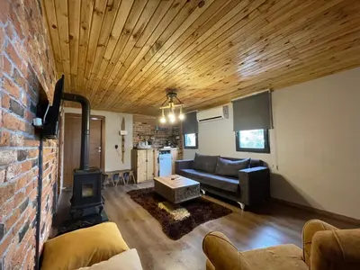 a living room with a couch and a brick wall at Bambu dağ evi in Sapanca