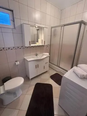 a bathroom with a toilet and a shower and a sink at Garden House Heybeliada in Adalar