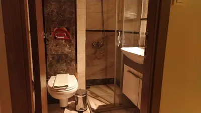 a bathroom with a toilet and a shower at Hotel Kiwi in Istanbul