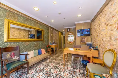 a living room with a couch and a desk at Walnut Shell Hotel in Istanbul