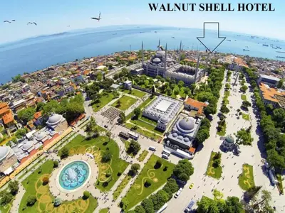 an aerial view of walnut shell hotel and the water at Walnut Shell Hotel in Istanbul