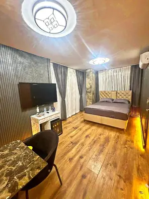 a bedroom with a bed and a tv and a couch at Taksim Luxury Arcadia Hotel in Istanbul