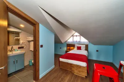 a bedroom with a bed and a sink in a attic at Taksim Istanbul Nis Hotel - Istiklal Street in Istanbul