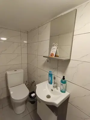 a bathroom with a toilet and a sink and a mirror at White Lotus Suites in Istanbul