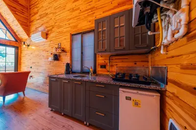 a kitchen with a stove and a counter top at Sapanca Grandwooden Deluxe in Sapanca