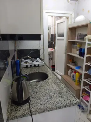 a kitchen counter with a sink and a stove at Hilal Aparment Basement in Istanbul