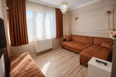 a living room with a brown couch and a window at Ayasofya Bella Vista APART in Istanbul