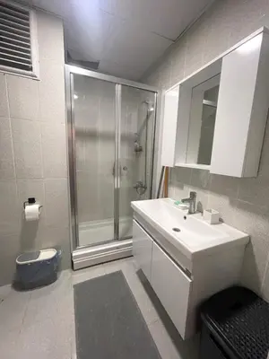 a bathroom with a shower and a white sink at King Suite SN20 in Esenyurt