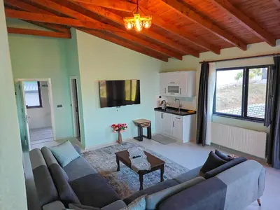 a living room with a couch and a kitchen at ayrıkvadi panorama in Serdivan