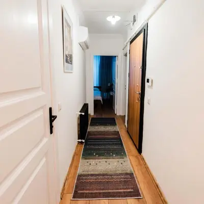 a hallway with a door and two carpets on the floor at Modern apartment in the center of Kadıköy in Istanbul