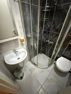 a bathroom with a shower and a sink and a toilet at Şişli Suites - Room42 in Istanbul