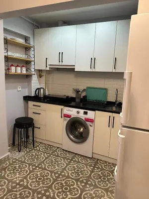 a kitchen with a washing machine in a kitchen at Ozcans Sururi Pera Flats 2 in Istanbul