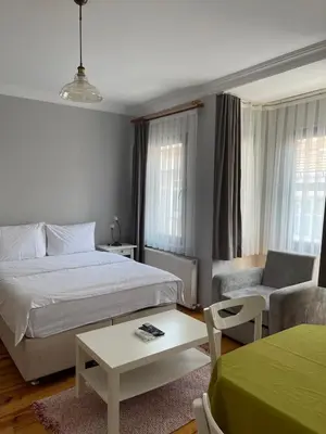 a bedroom with a bed and a couch and a table at Ozcans Sururi Pera Flats 8 in Istanbul