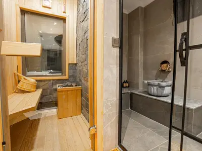 a bathroom with a shower and a sink at Verona Ağva in Sile