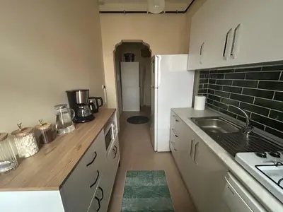 a kitchen with a sink and a white refrigerator at Karakaş Homes in Istanbul
