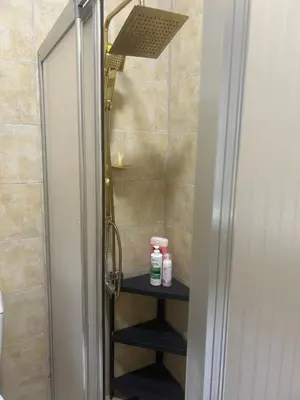 a bathroom with a shower with a shelf and a door at Karakaş Homes in Istanbul