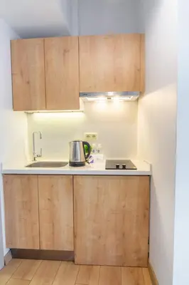 a kitchen with wooden cabinets and a sink at Firuzağa Retreat Studio in Beyoğlu in Istanbul