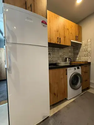 a white refrigerator in a kitchen with a washing machine at AYD Apartment Beyoğlu in Istanbul