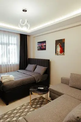 a living room with a bed and a couch at The Old Bazaar Suites Apartment in Istanbul