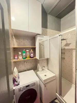 a small bathroom with a sink and a washing machine at Taksim Square home in Istanbul
