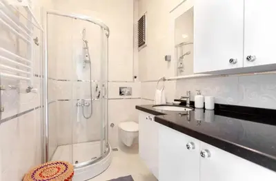 a bathroom with a shower and a toilet and a sink at Historic Elegance with a Bosphorus Gaze in Istanbul