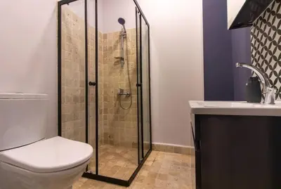 a bathroom with a shower and a toilet and a sink at Eclectic 1BR with Charm in the Heart of Cihangir in Istanbul