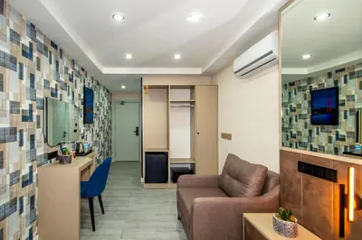 a living room with a couch and a television at Cosinüs Airport Hotel in Arnavutköy