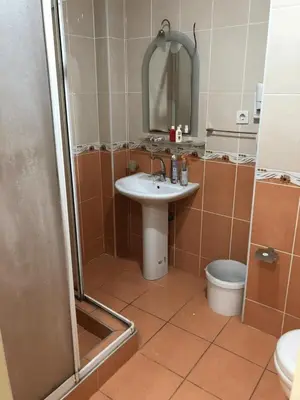 a bathroom with a sink and a shower and a toilet at Bahar 5 in Istanbul