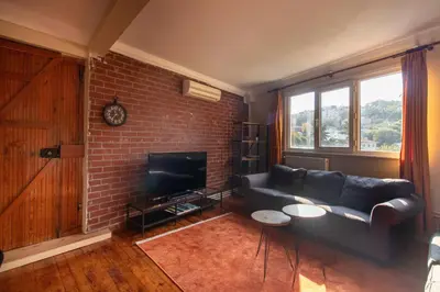a living room with a couch and a tv at Leafy Views & Light Filled Comfort in Kuzguncuk in Istanbul