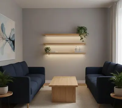 a living room with two blue couches and a table at Yeni Yıl Apart in Bandırma