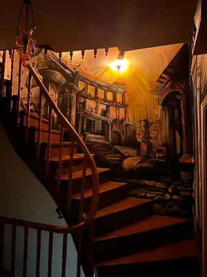 a painting of a staircase in a house at Timeless House Overlooking the Golden Horn with Sea - Nilorayn in Istanbul