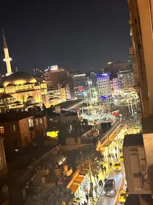 a view of a city at night with a mosque at Riddim apartment in Istanbul