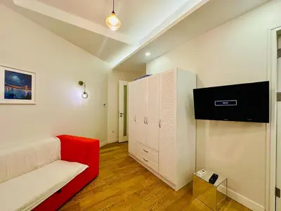 a living room with a red couch and a tv at Beyoglu Hacımimi Gardens içinde özel bahçeli daire in Istanbul
