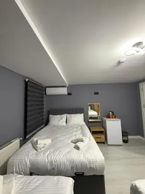 a bedroom with two beds and a mirror at Atay Apart in Istanbul