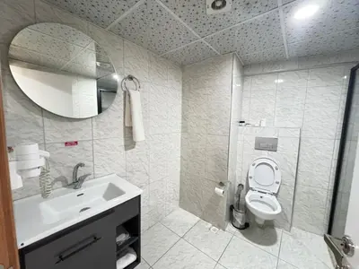 a bathroom with a sink and a toilet and a mirror at ergene park hotel