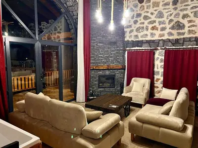 a living room with a couch and chairs and a fireplace at Taş Devri Konaklama in İznik