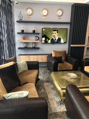 a living room with couches and a tv on a wall at Orange Airport Hotel in Istanbul