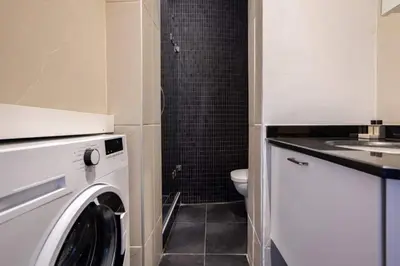 a bathroom with a washing machine and a toilet at Charming 2BD2Bath Galata Tower Unique Home! #409 in Istanbul