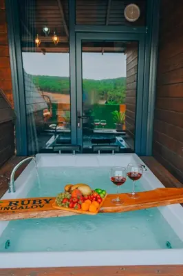 a tray of fruit in a bath tub with two glasses of wine at Sapanca Ruby Bungalow in Sapanca